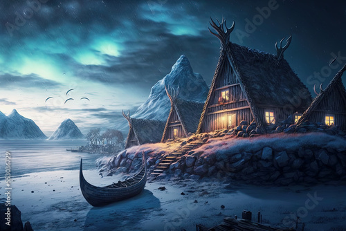 ai generative midjourney illustration of viking houses in a viking landscape by water with northern lights in the dark