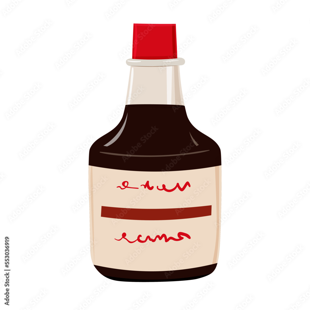 Vector illustration of soy sauce in glass bottle. Traditional japanese food ingredient