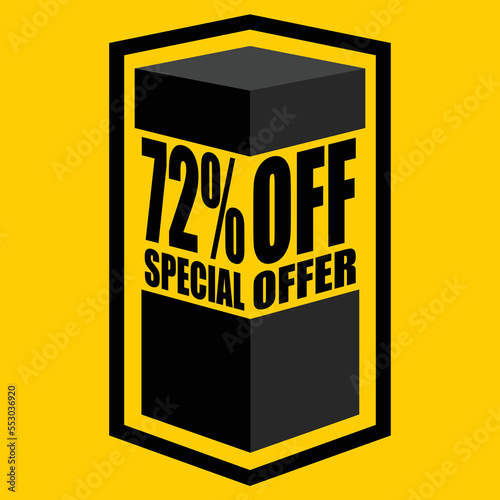 Vector illustration of black open box with lettering saying "72% off special offer", design for 72% discount, with yellow background.