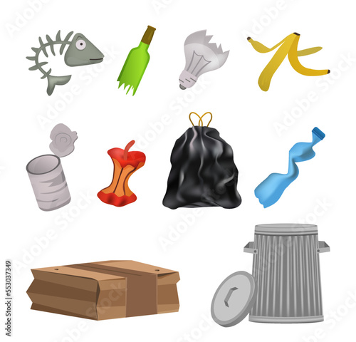 Various garbage icons set. Big collection of trash vector illustrations