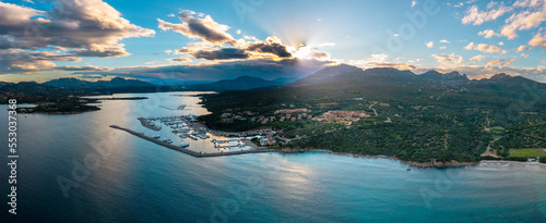 panorama view of the coast and harbor of Portisco in Sardinia