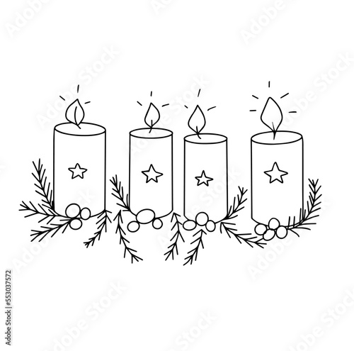 Four candles and branches of a Christmas tree. New Year Vintage Design for Christmas Card or Invitation on White For invitations, greetings, with space for text.