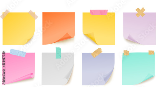 Color notes paper sheets on adhesive tape. Realistic stickers, colorful pages from notebook. Isolated vector office sticky page with curved edges