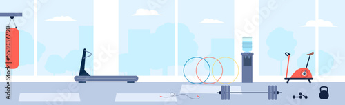 Gym interior with various sport simulators. Gymnastic and body training, sport tools indoor. Health support, vector fitness workout area