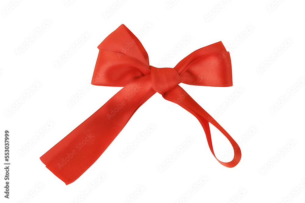 Large tied bow on a wide red satin ribbon. Isolated png with transparency