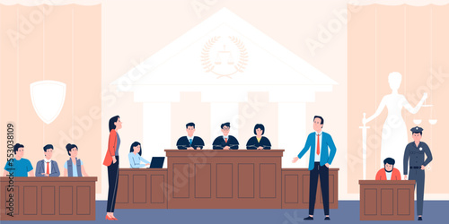 Trial process with young lawyers in courtroom. Cartoon judge in court, justice and defense. Police and advocate, witnesses, recent vector scene