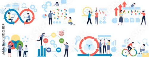 Agile strategy, quality and development. Effective management, productivity work and deadline. Business plan and workflow, recent vector scenes