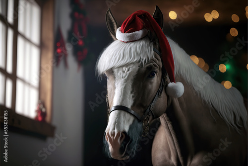 portrait of horse with santa hat, illustration generated by AI