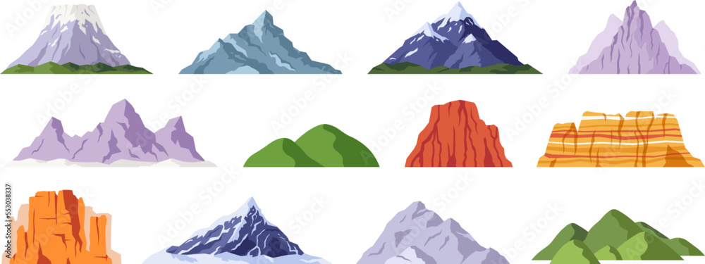 Flat rock mountains relief. Snowy cliff, mountain and hill. Isolated rocky peak, cartoon canyon silhouette. Racy vector nature hiking elements