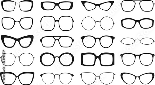 Black spectacles silhouettes, glasses frames isolated. Geek eyewear icons, stylish vision. Racy sunglasses vector collection, eyes sun protection