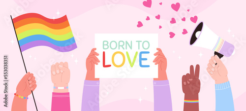 Lgbtq love parade support banner. Trans gay community pride flags. Transgender people, lgbt month. Hands hold rainbow racy vector elements