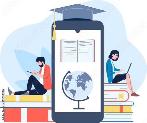 International online education, digital library in smartphone. People reading and sitting on books pile. Students, study and read vector concept