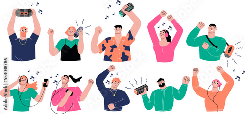People in headphones listen music. Teenager sound in mobile, young girl boy dance. Song in smartphone and mobile speaker, sapid happy vector characters