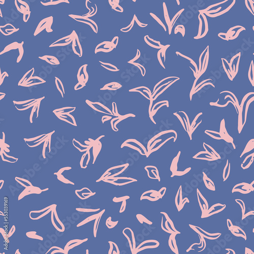 Random placed, vector leaves, herbs and branches all over surface print on blue background. Botanical seamless repeat pattern. 