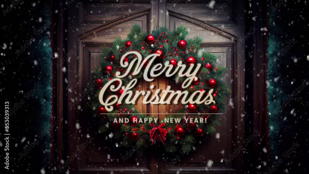 Merry Christmas and Happy New Year! Beautiful greeting video with snowfall and Christmas wreath on wooden door. Repeatable CINEMAGRAPH loop.
