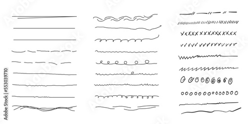 Set of artistic pen brushes.Doodles, ink brushes.Set of vector grunge brushes. Collection of strokes of markers. Set of wavy horizontal lines