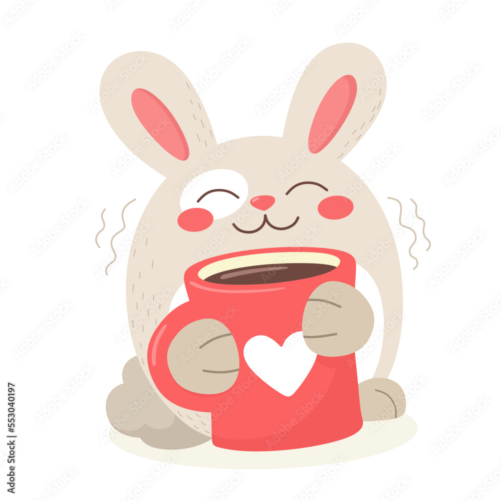 Happy Bunny With a mug of coffee or hot chocolate. Cartoon character, vector illustration. Happy Bunny With a mug of coffee or hot chocolate. Cartoon character, vector illustration.