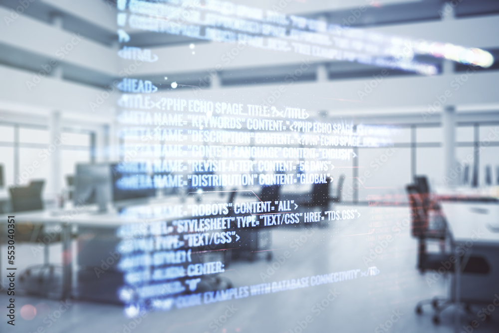 Double exposure of abstract programming language interface on modern corporate office background, research and development concept