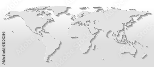 Detailed gray gradient blank silhouette of the world map on a bright background with shadow. Vector illustration