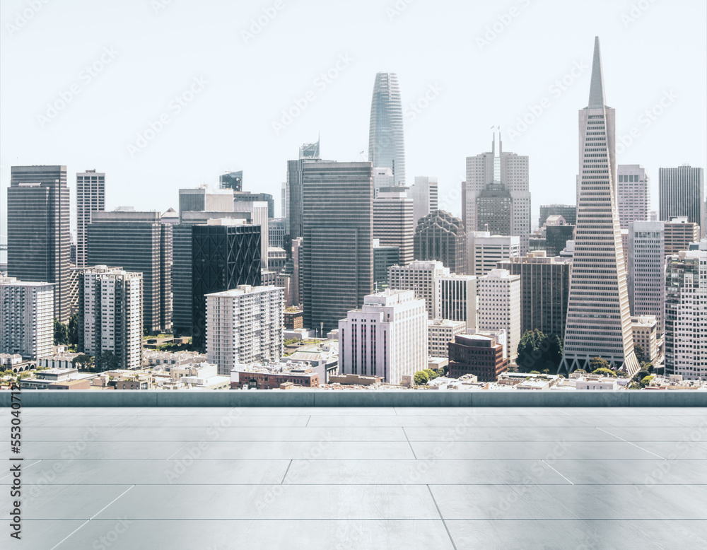 Empty concrete rooftop on the background of a beautiful San Francisco city skyline at sunset, mock up