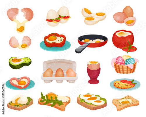 Tasty Egg Food with Boiled and Scrambled Egg on Plate, Sandwich and Frying Pan Big Vector Set