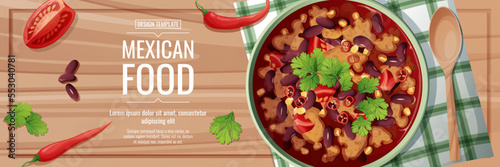 Horizontal banner with bean soup. Delicious dish with kidney beans, meat, corn, tomatoes and chili peppers.Traditional Mexican food.