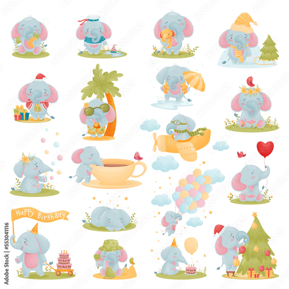 Cute Baby Elephant African Animal Engaged in Different Activity Big Vector Set