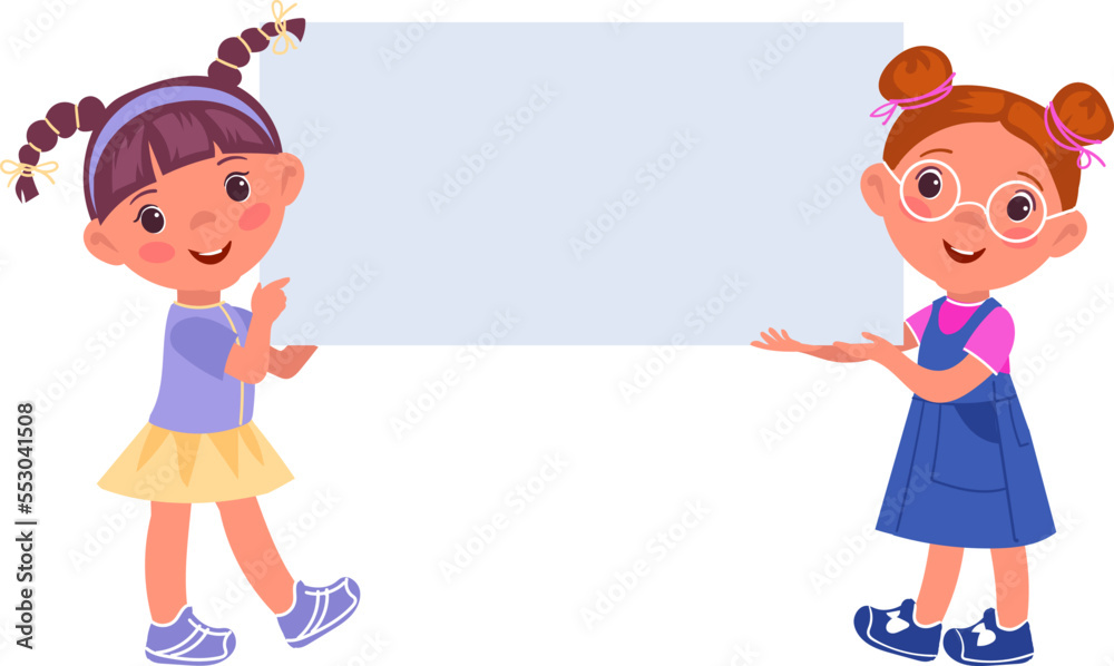Cartoon girls with white blank billboard. Children with banner Cartoon girls with white blank billboard. Children with banner