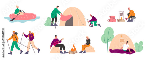 Cartoon hiking characters. Adventurers people. Outdoor activities. Travel accessories. Happy tourists relax in nature. Camping tent. River rafting. Nordic walking. Vector travelers set