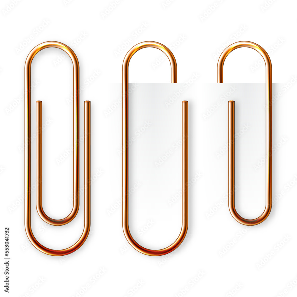 Realistic copper paperclip attached to paper isolated on white background. Shiny metal paper clip, page holder, binder. Workplace office supplies. Vector illustration Realistic copper paperclip attached to paper isolated on white background. Shiny metal paper clip, page holder, binder. Workplace office supplies. Vector illustration