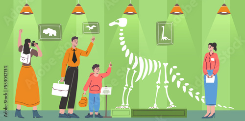 People at paleontology exhibition. Parents show dinosaur skeleton to children in museum. Family tour. Ancient showpiece. Persons look at bones. Visitor posing for photo. Vector concept
