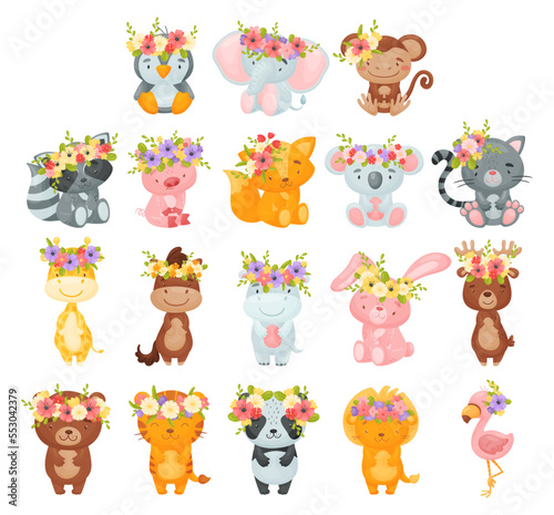 Fototapeta Naklejka Na Ścianę i Meble -  Cute Animals Wearing Blooming Flower Wreath on Their Head Big Vector Set