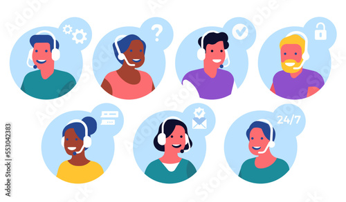 Support operator icons. Clients care. Assistance service. People faces. Agent professional help. Chatbot and web hotline. Assistants with headphones. Call center. Vector consultants set