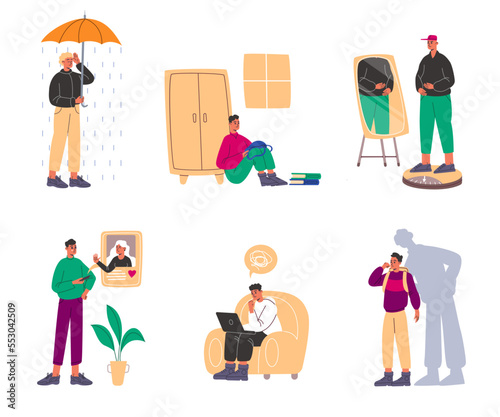 Teens mental problems. Teenagers in unhappy emotions. Depressed and worried people. Despaired introvert students. Communication crisis. Fears or complexes. Vector teenage troubles set