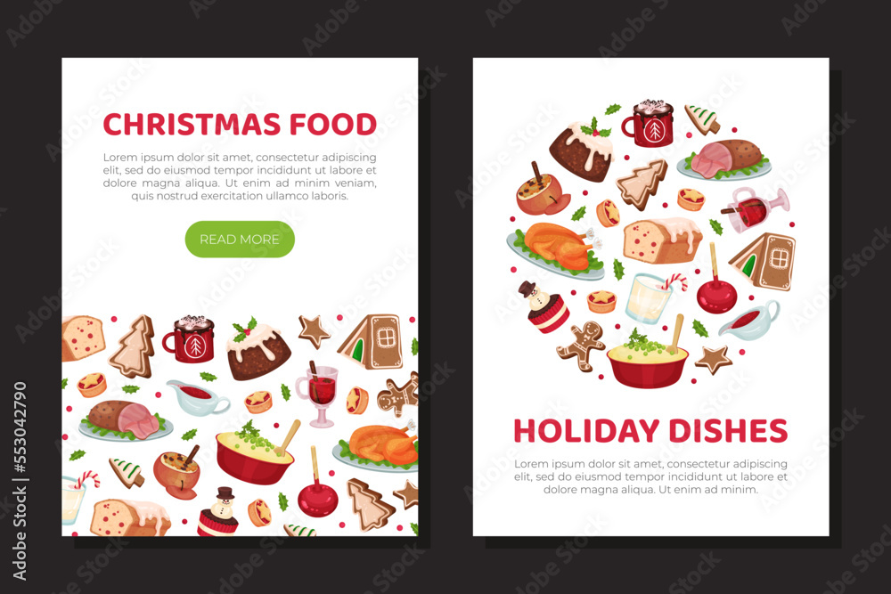 Christmas Festive Food Design with Dishes for Winter Holiday Meal Vector Template