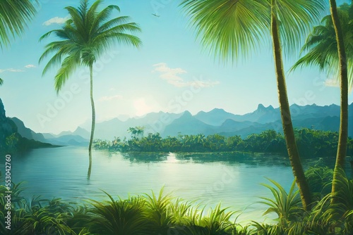 Palm trees against blue sky, tropical coast with waterfall and mountains on a background, river, lake with turquoise water. Summertime. © Sirius1717