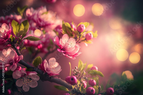 beautiful cherry flowers blooming with bokeh light , idea for freshness and happiness background or backdrop