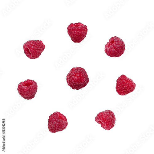 Raspberries isolated on white background. Berries are suitable for creating the effect of levitation and design.