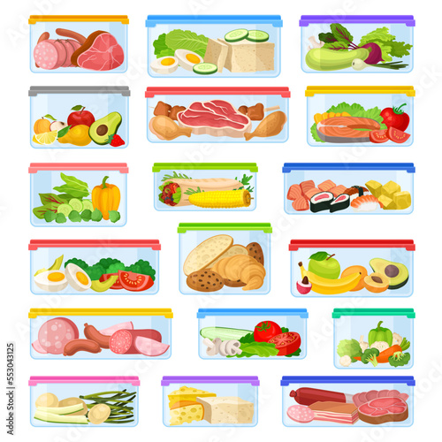 Food Containers with Different Products as Storage and Safekeeping Big Vector Set