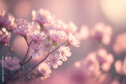 illustration of beautiful pink flowers blooming with bokeh light , idea for freshness and happiness background or backdrop