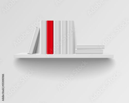 Bookshelf with white blank books. Realistic illustration. 3d rendering