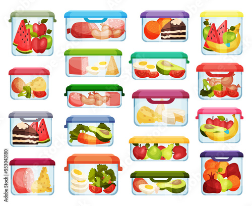 Food Containers with Different Products as Storage and Safekeeping Big Vector Set