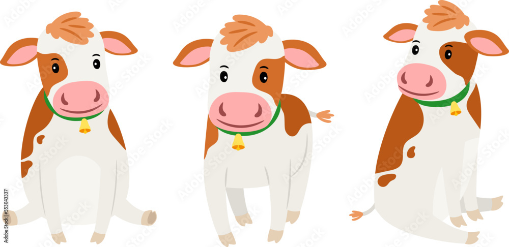 Collection of cute cows. Little white calves with red spots and bells around their necks. Isolated animals on the white background Collection of cute cows. Little white calves with red spots and bells around their necks. Isolated animals on the white background