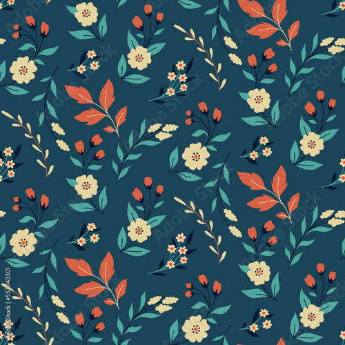 Seamless floral pattern with folk motif. Cute botanical print, winter flower design with hand drawn wild plants: small flowers, branches, leaves on a blue background. Vector illustration.
