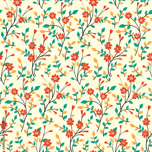 Wallpaper Mural Seamless floral pattern, cute flower print with tiny hand drawn twigs on a white background. Pretty flower design, abstract arrangement of small flowers, twigs, leaves. Vector illustration. Torontodigital.ca