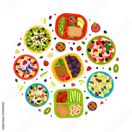 Tasty Fruit Food for Breakfast Round Composition Design with Meal Served on Tray Top View Vector Template