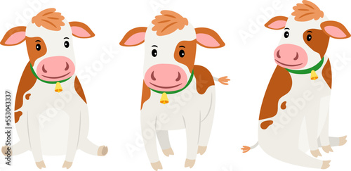 Collection of cute cows. Little white calves with red spots and bells around their necks. Isolated animals on the white background