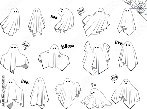 Creepy boo characters for kids. Set of cute cloth Ghosts with cartoon scary, spooky and funny faces. Collection of magic flying Phantoms on the white background