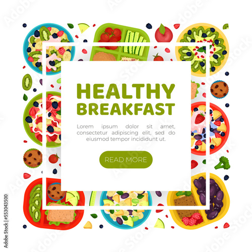Tasty Fruit Food for Breakfast Design with Meal Served on Tray Top View Vector Template