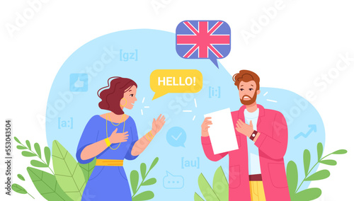 Foreigner teacher. Multilingual philology education, english instructor learn writing and speak in online school or university, languages understanding practice vector illustration